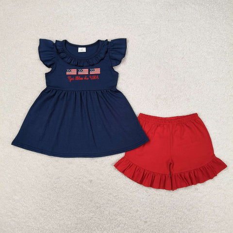 GSSO0805 RTS baby girl clothes embroidery 4th of July patriotic toddler girl summer outfits