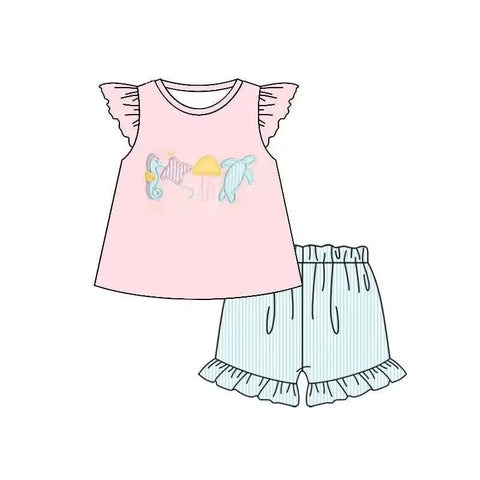 Order Deadline:23th May.. Split order baby girl clothes sea animals girl summer shorts set