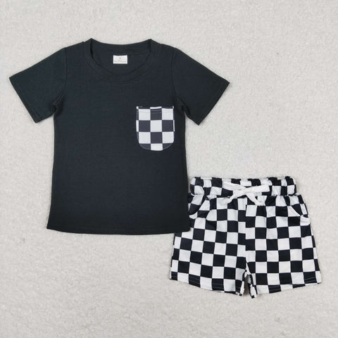 BSSO0852 RTS baby boy clothes black plaid pocket toddler boy summer outfits 3-6M to 7-8T