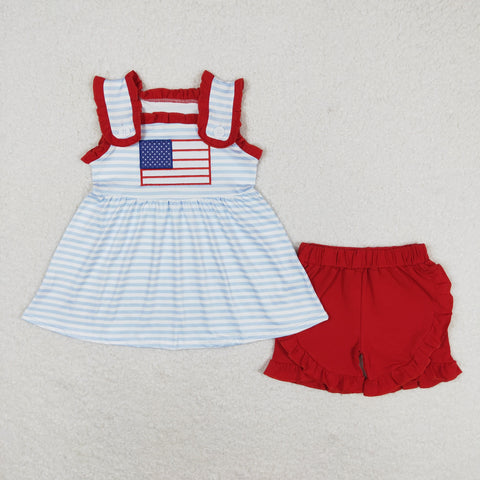 GSSO0755 RTS baby girl clothes flag embroidery 4th of July patriotic toddler girl summer outfits