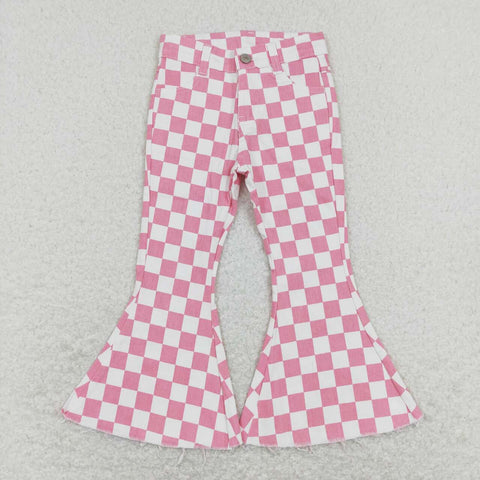 P0348 baby girl clothes girl jeans pink plaid toddler bell bottom jeans valentines day clothes